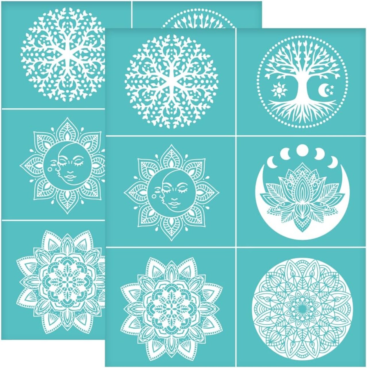 2-Piece Self-Adhesive Mandala Silk Screen Stencil Set (8.7 x 11 Inch) – Reusable Lotus Tree Moon Sun Mesh Transfer Templates for Wood, T-Shirts, Bags & DIY Fabric Painting
